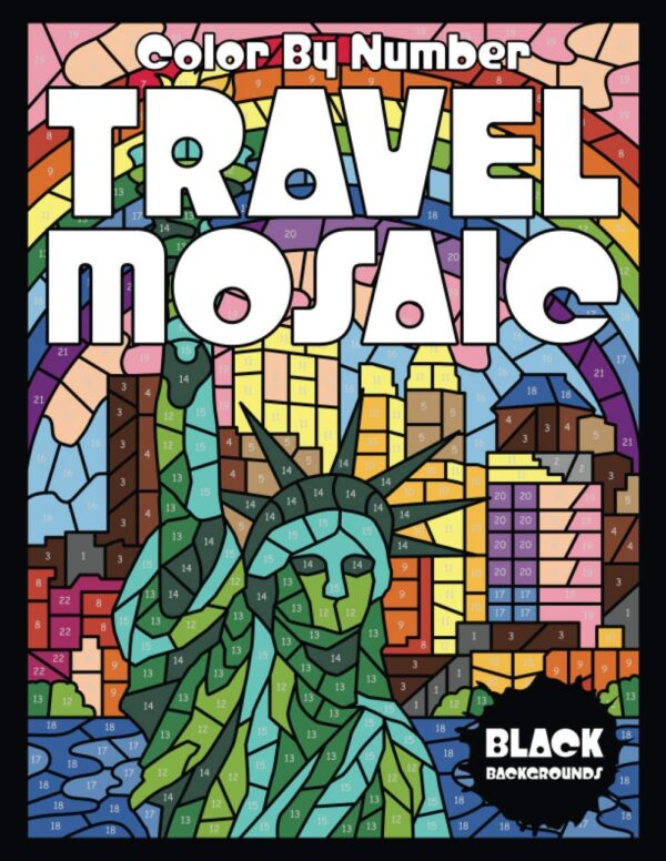 Travel Mosaic: Color By Number – Antystresowa kolorowanka (Czarne tło)
