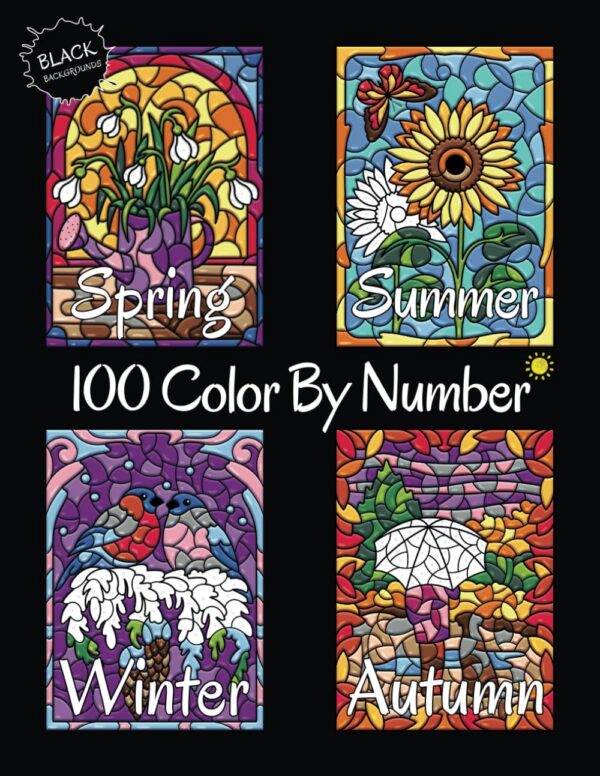 100 Color by Number: Four Seasons – Antystresowa kolorowanka z czarnym tłem