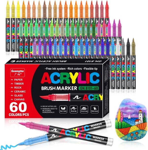 Zestaw 60 profesjonalnych markerów akrylowych Guangna – Pędzelkowa końcówka (Brush)