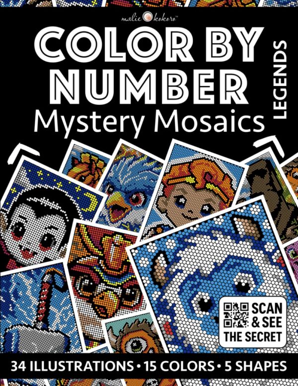 Mystery Mosaics: Legends – Antystresowa kolorowanka z kodowaniem kształtów (34 ilustracje)