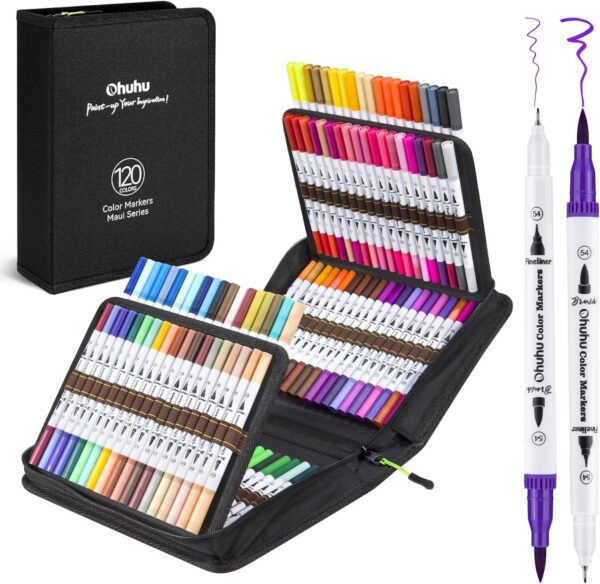 Zestaw 120 profesjonalnych markerów Ohuhu (Maui Series) – Dwustronne narzędzie artystyczne (Brush & Fineliner)