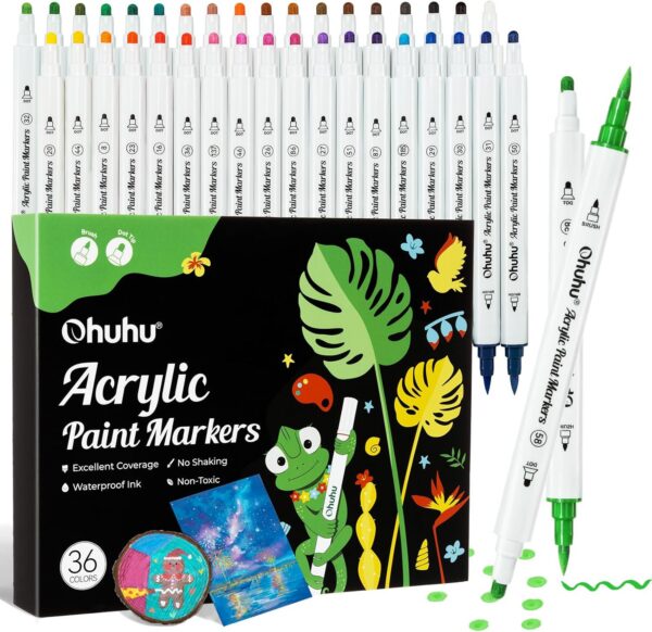 Zestaw 36 markerów akrylowych Ohuhu – Innowacyjna końcówka Brush & Dot (Do kamieni, szkła i DIY)
